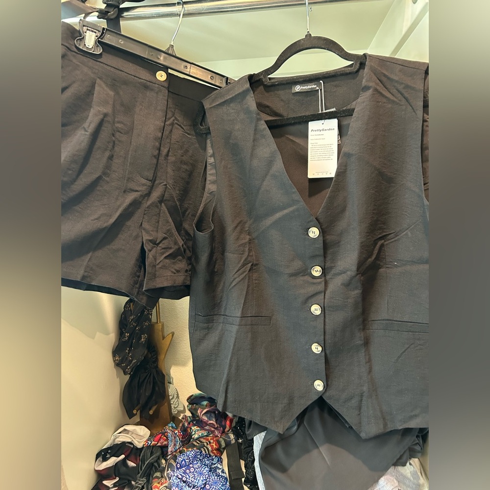 Black Button-Up Vest and Shorts Set
